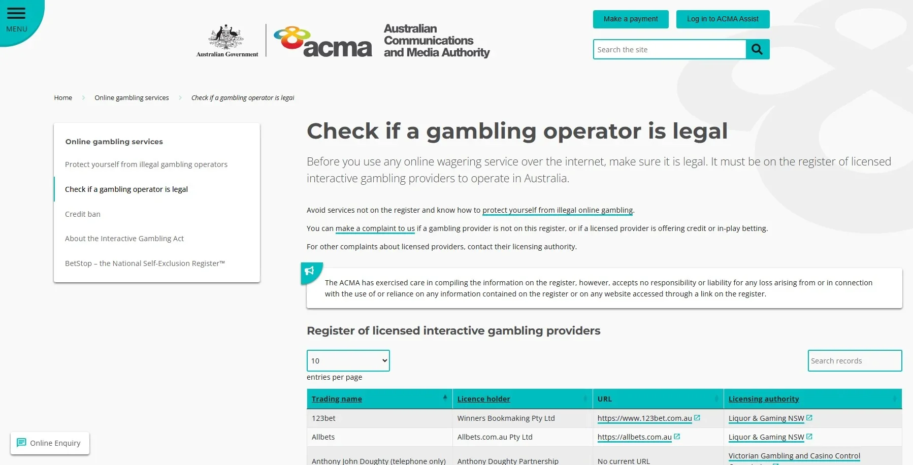 ACMA licensed interactive wagering provider register